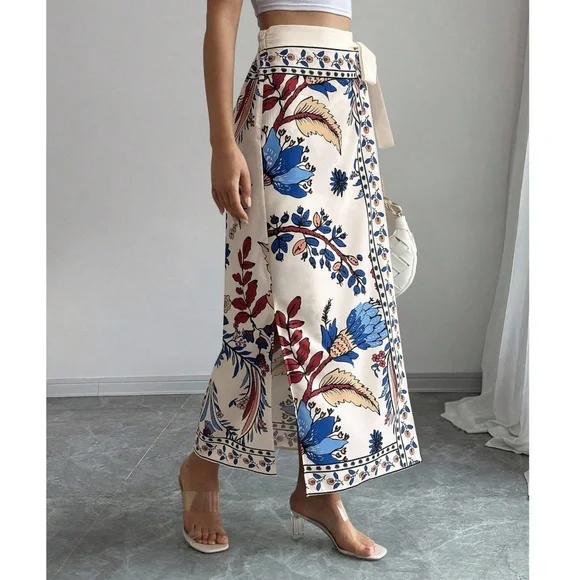 Boho Floral Print Wide Tie Stretchy Waist Skirt - Picture 3 of 4